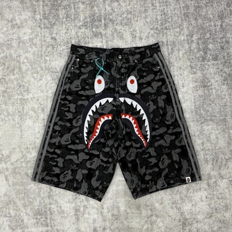 A Bathing Ape x Adidas Originals Camo Jacquard Shark Denim Jorts 'Black'